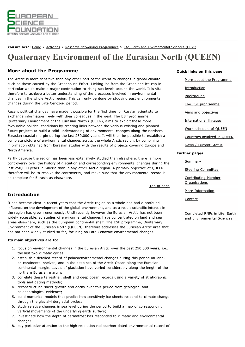 Quaternary Environment of the Eurasian North (QUEEN)