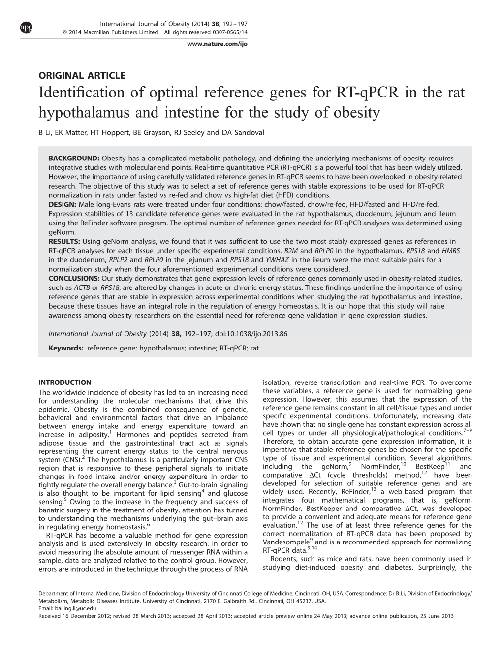 Identification of Optimal Reference Genes for RT-Qpcr in the Rat