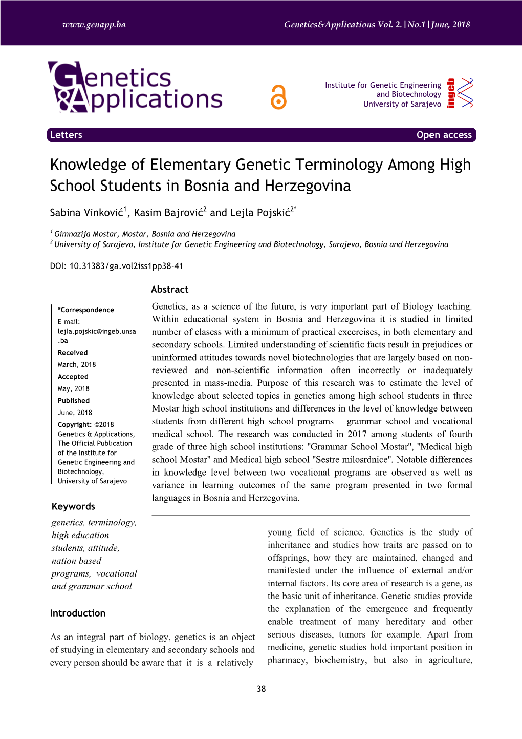 Knowledge of Elementary Genetic Terminology Among High School Students in Bosnia and Herzegovina