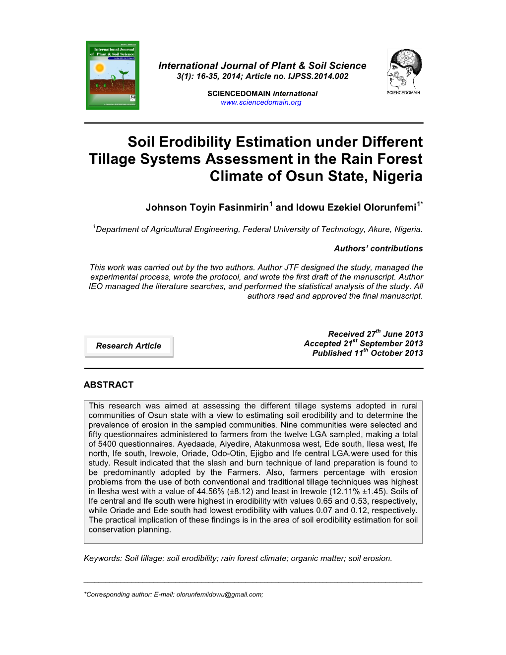 Soil Erodibility Estimation Under Different Tillage Systems Assessment in the Rain Forest Climate of Osun State, Nigeria
