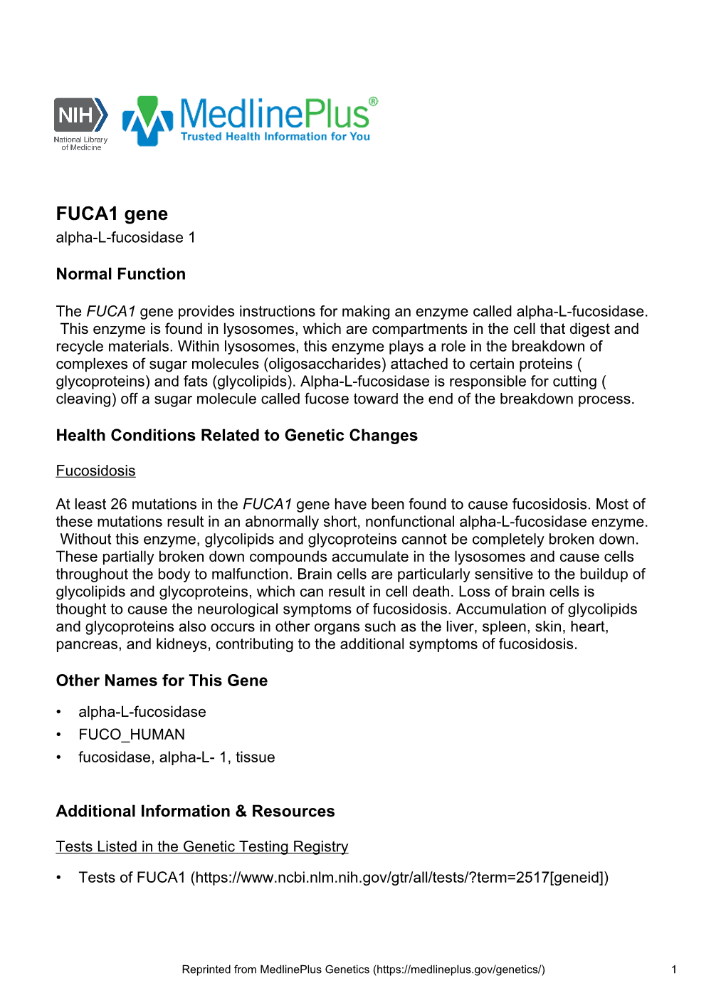 FUCA1 Gene Alpha-L-Fucosidase 1