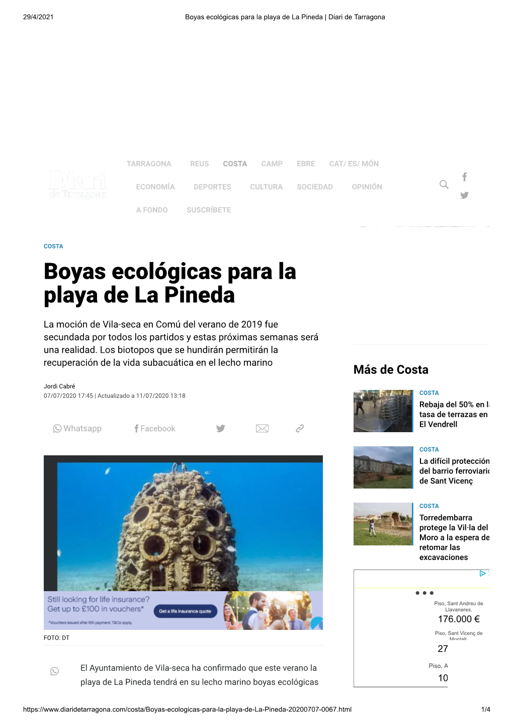 Boyas Ecológicas Para La Playa De La Pineda | Diari De Tarragona ___