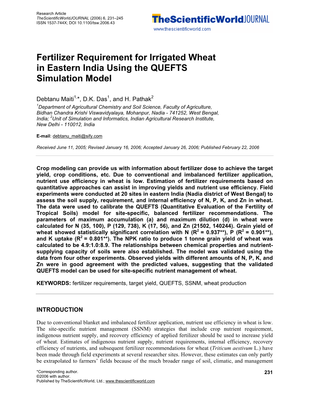 Fertilizer Requirement for Irrigated Wheat in Eastern India Using the QUEFTS Simulation Model