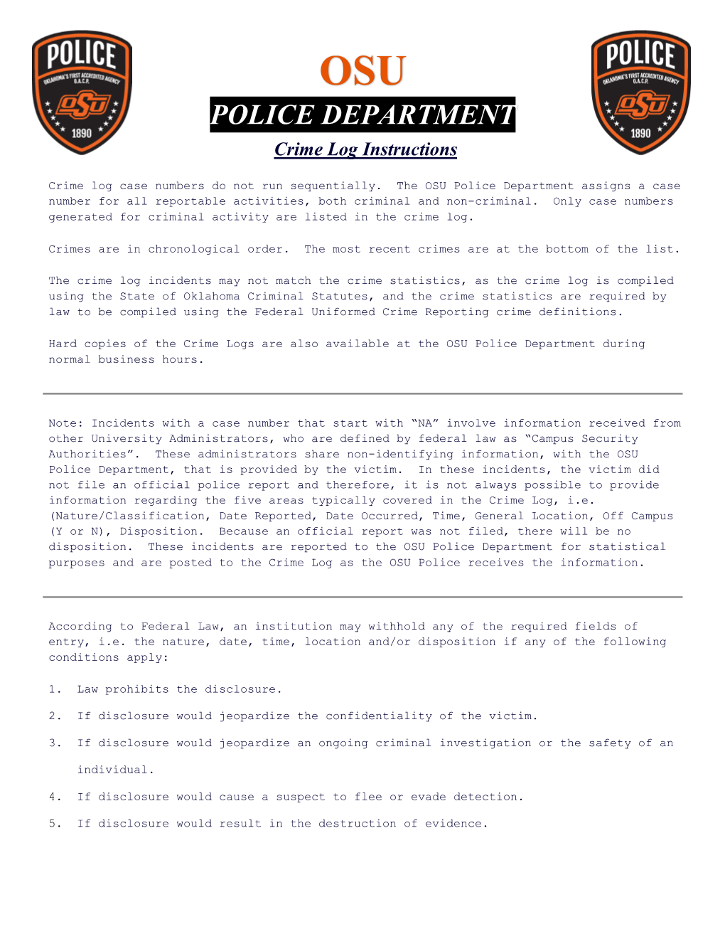 POLICE DEPARTMENT Crime Log Instructions