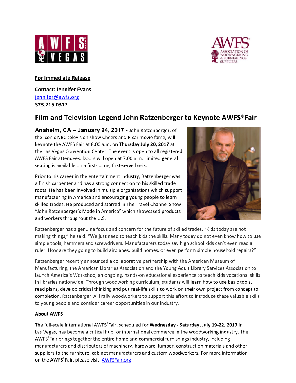 Film and Television Legend John Ratzenberger to Keynote AWFS®Fair