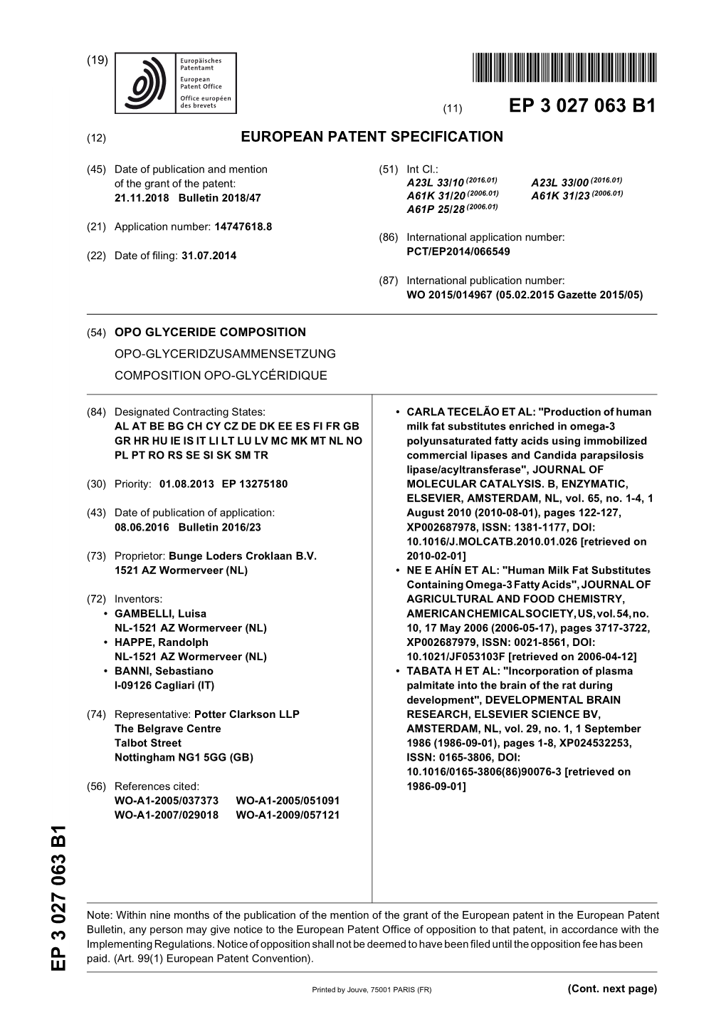 Opo Glyceride Composition Opo-Glyceridzusammensetzung Composition Opo-Glycéridique