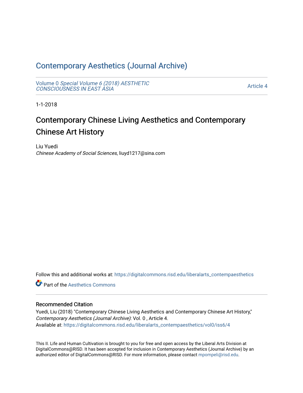 Contemporary Chinese Living Aesthetics and Contemporary Chinese Art History