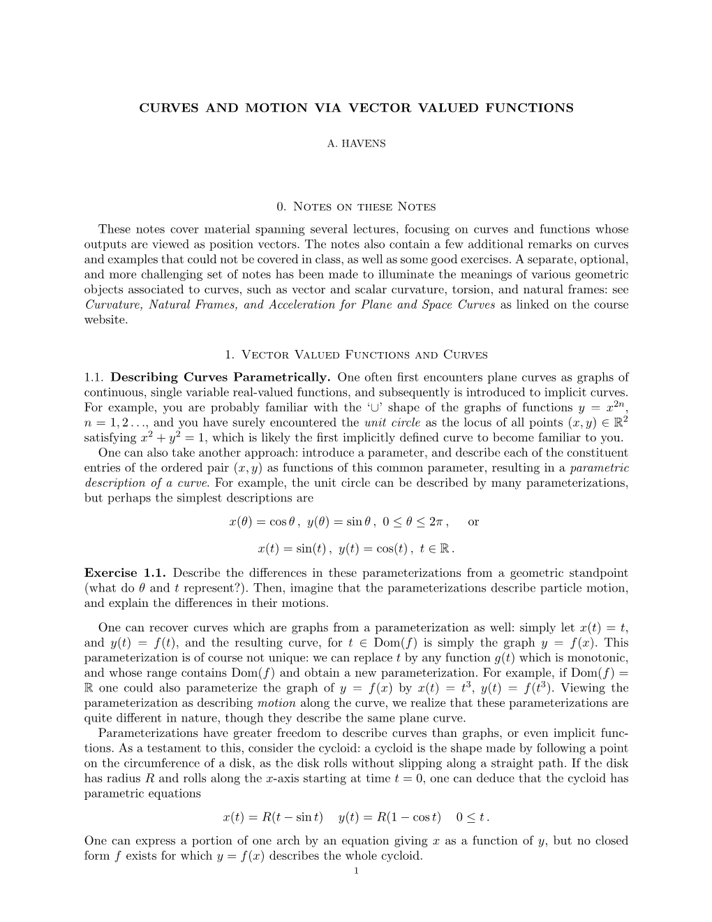 Notes on Vector Valued Functions and Curves