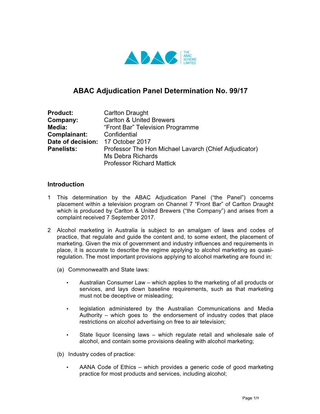 ABAC Adjudication Panel Determination No. 99/17