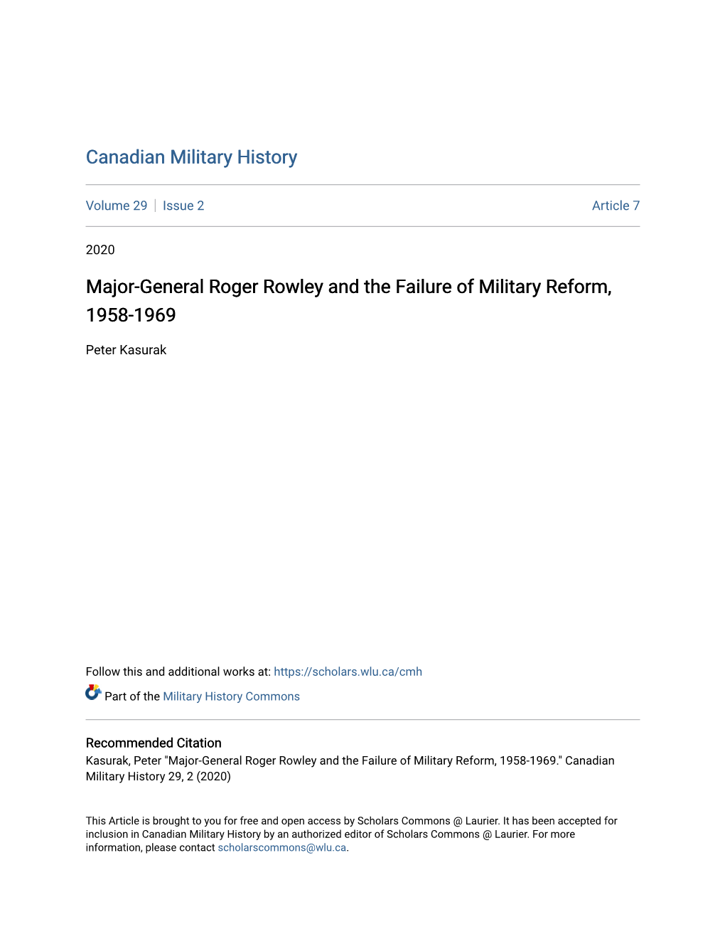 Major-General Roger Rowley and the Failure of Military Reform, 1958-1969