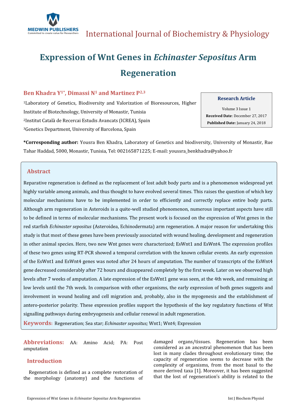 Expression of Wnt Genes in Echinaster Sepositus Arm Regeneration