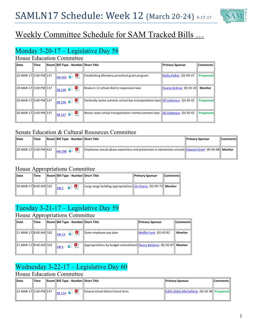 SAMLN17 Schedule: Week 12 (March 20-24) 3-17-17