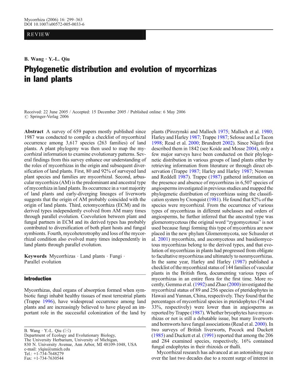 Phylogenetic Distribution and Evolution of Mycorrhizas in Land Plants