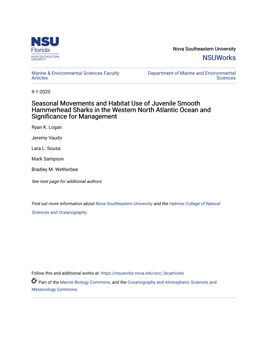 Seasonal Movements and Habitat Use of Juvenile Smooth Hammerhead Sharks in the Western North Atlantic Ocean and Significance for Management