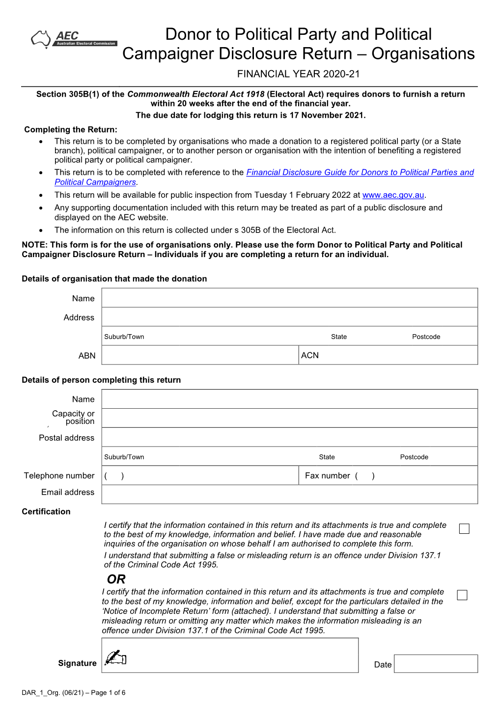 Donor to Political Party and Political Campaigner Return Form