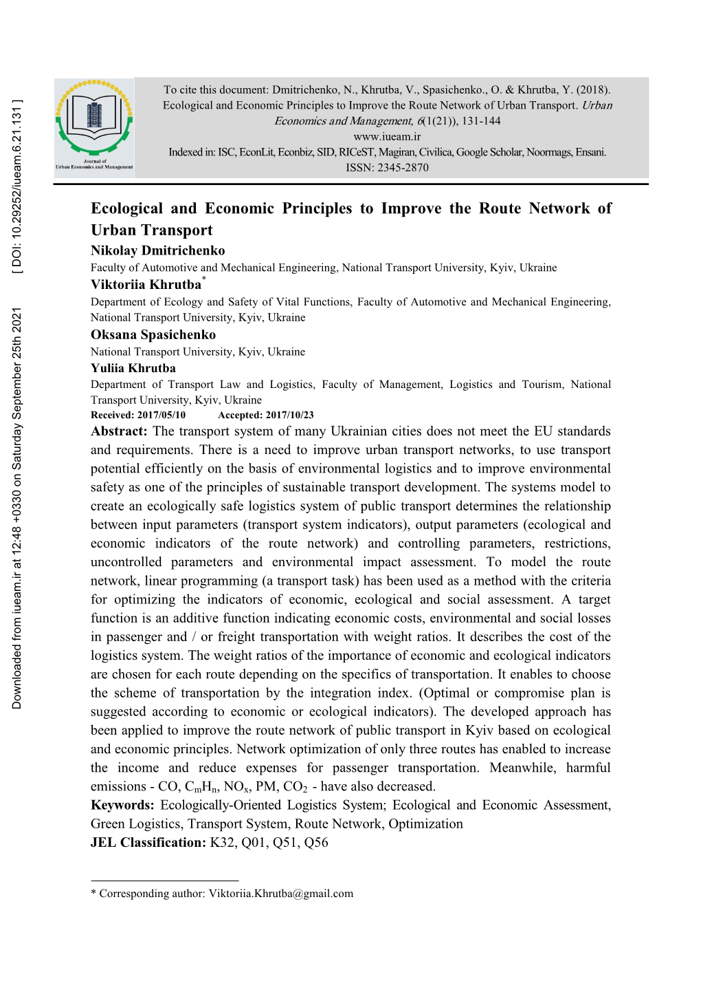 Ecological and Economic Principles to Improve the Route Network of Urban Transport