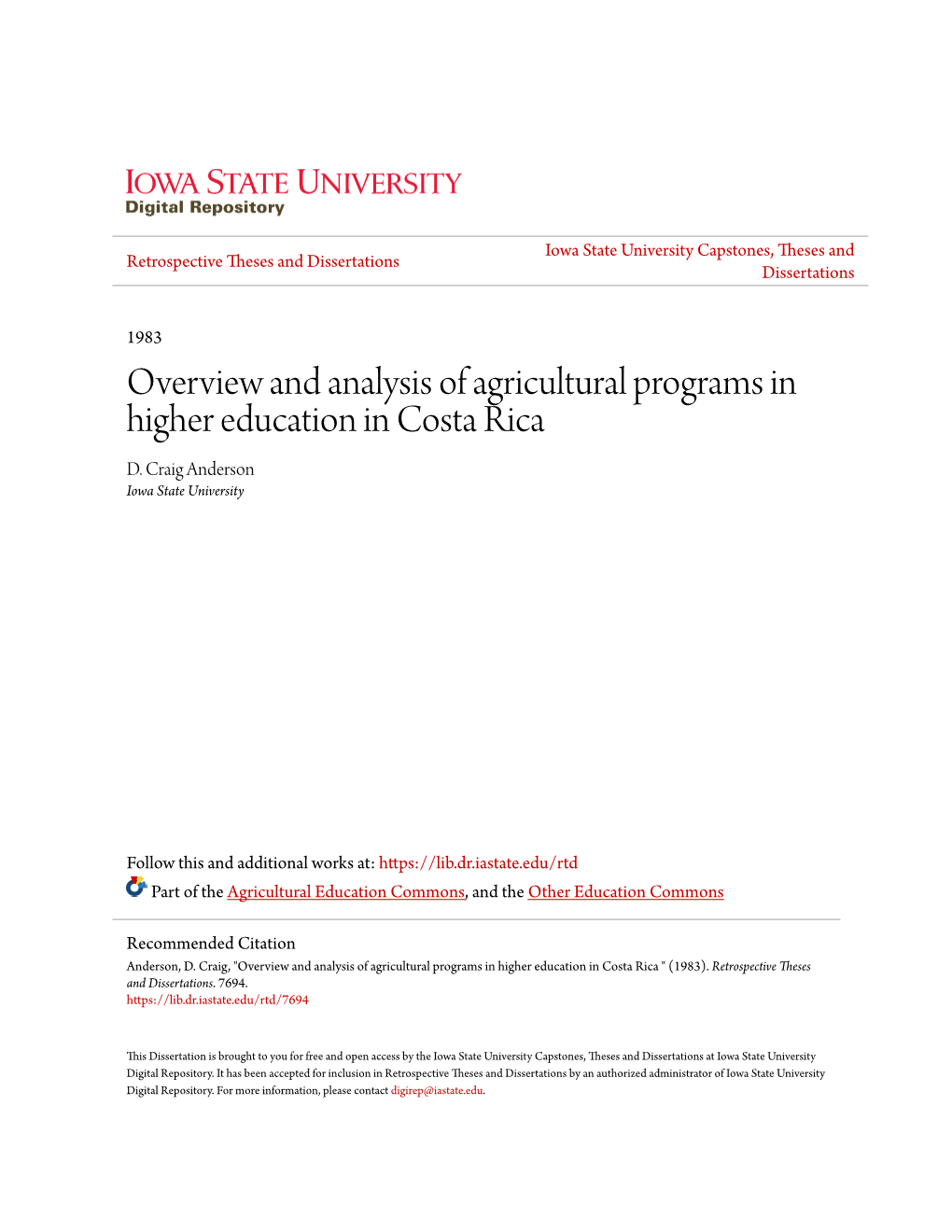 Overview and Analysis of Agricultural Programs in Higher Education in Costa Rica D