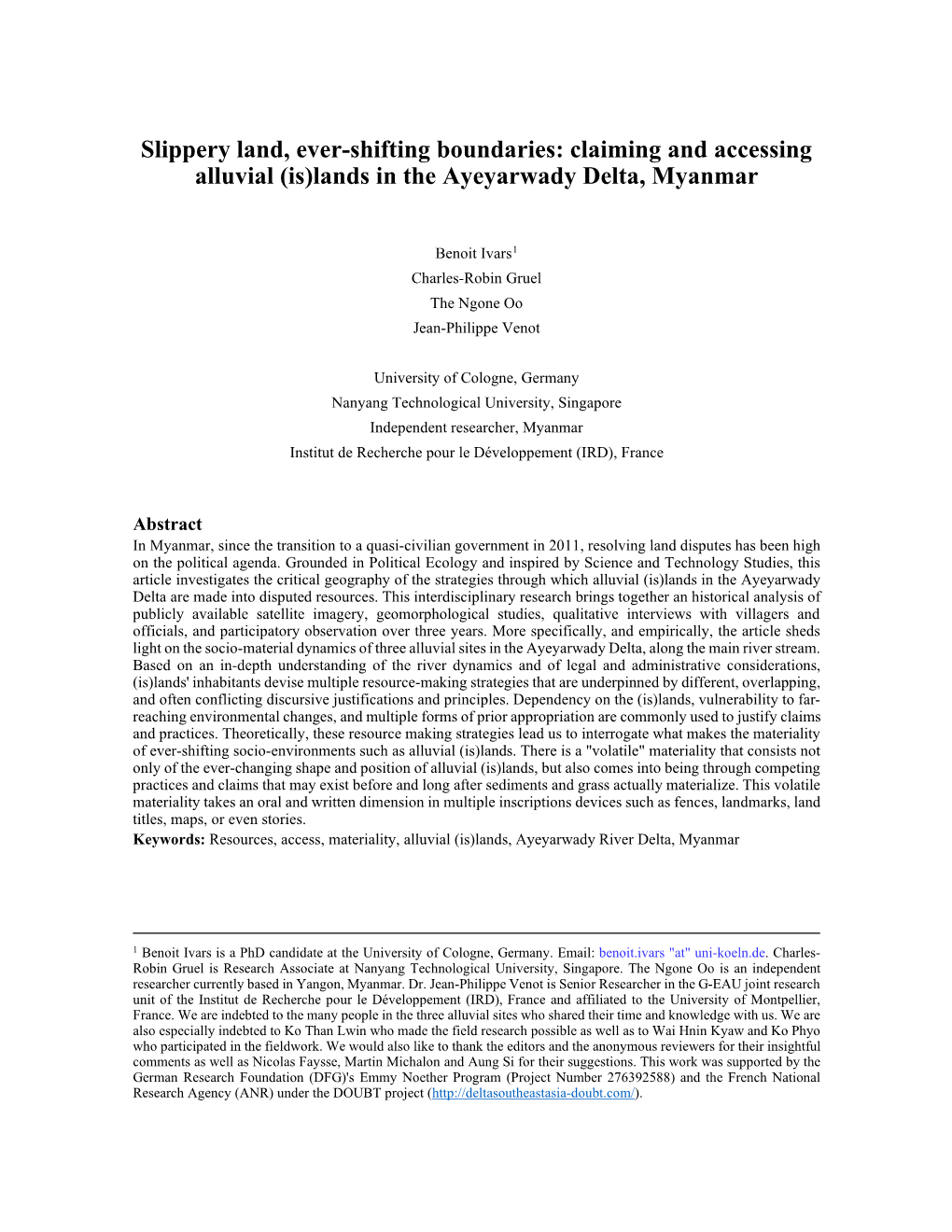 Claiming and Accessing Alluvial (Is)Lands in the Ayeyarwady Delta, Myanmar