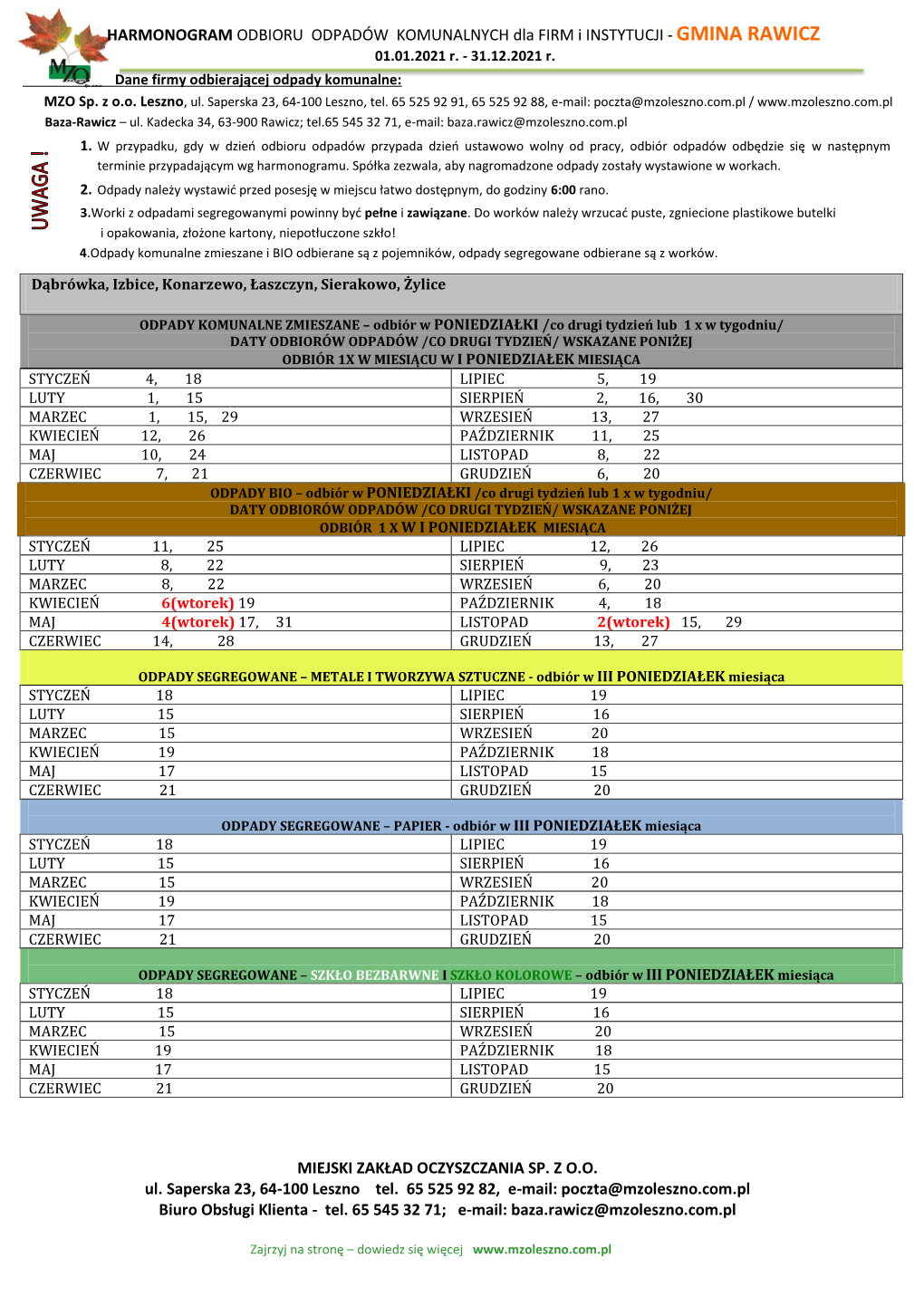 ODPADY KOMUNALNE ZMIESZANE – Odbiór Z Pojemnika W Środy /Co Drugi Tydzień Lub 1 X W Tygodniu