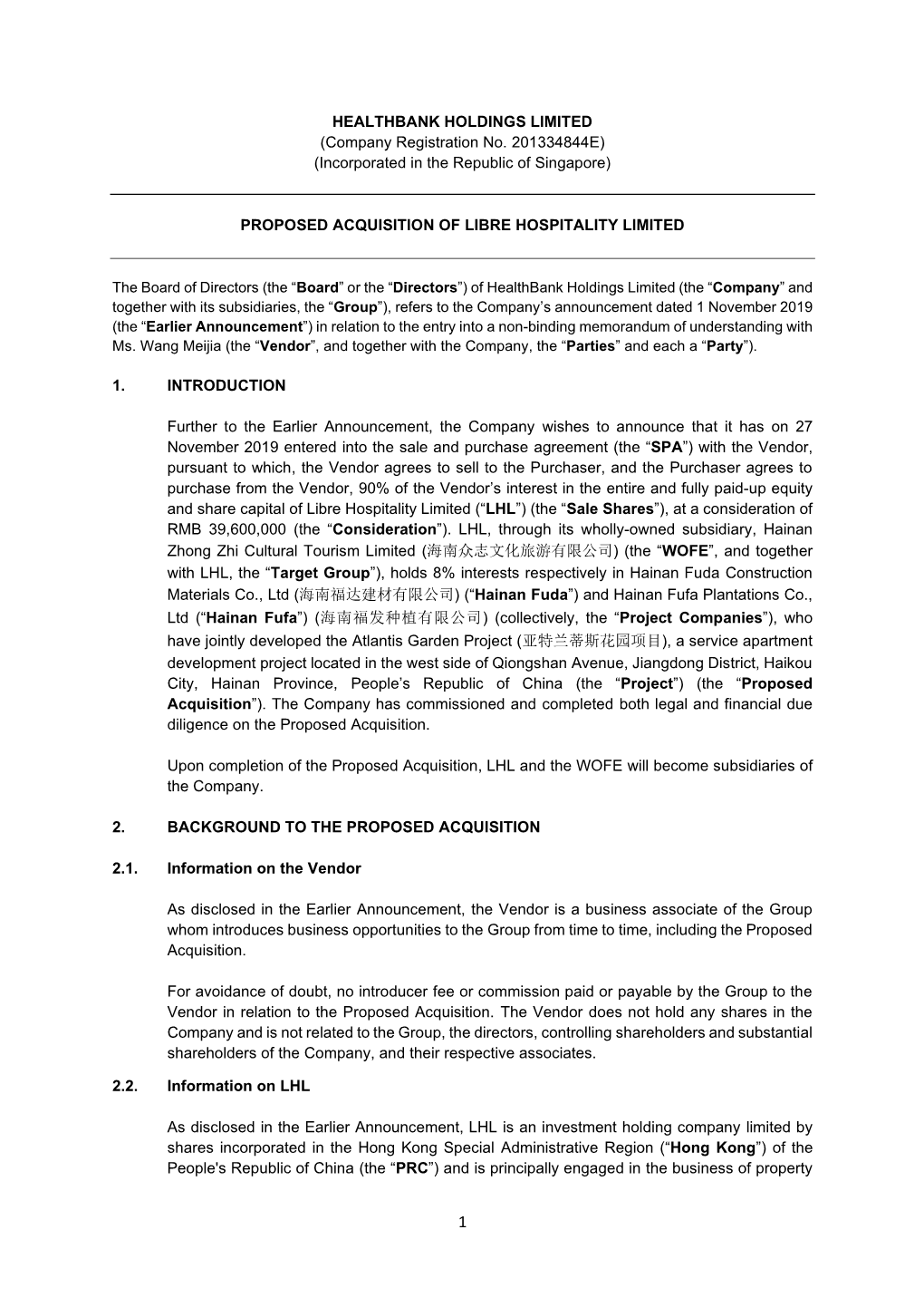 Proposed Acquisition of Libre Hospitality Limited