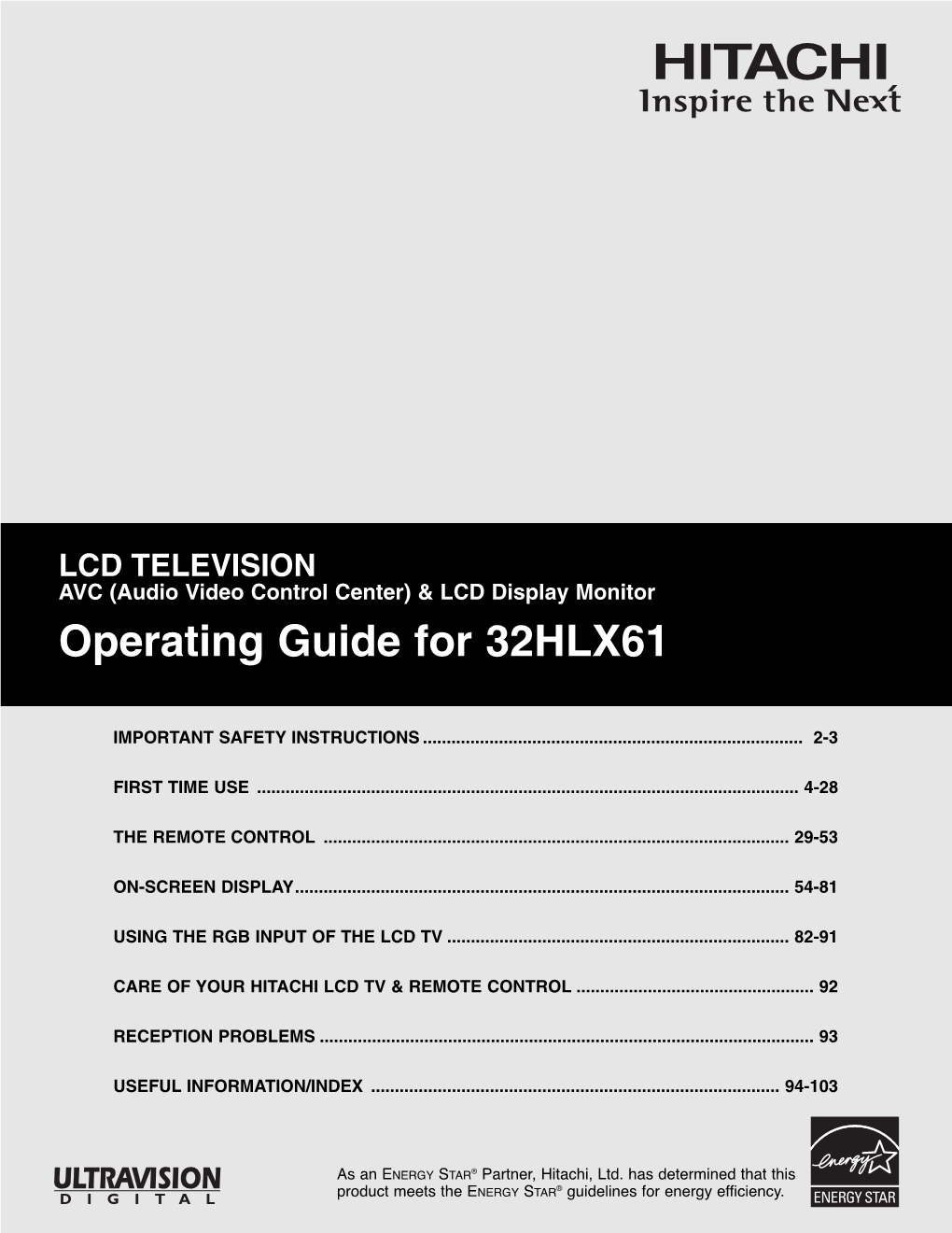 LCD TELEVISION AVC (Audio Video Control Center) & LCD Display Monitor Operating Guide for 32HLX61