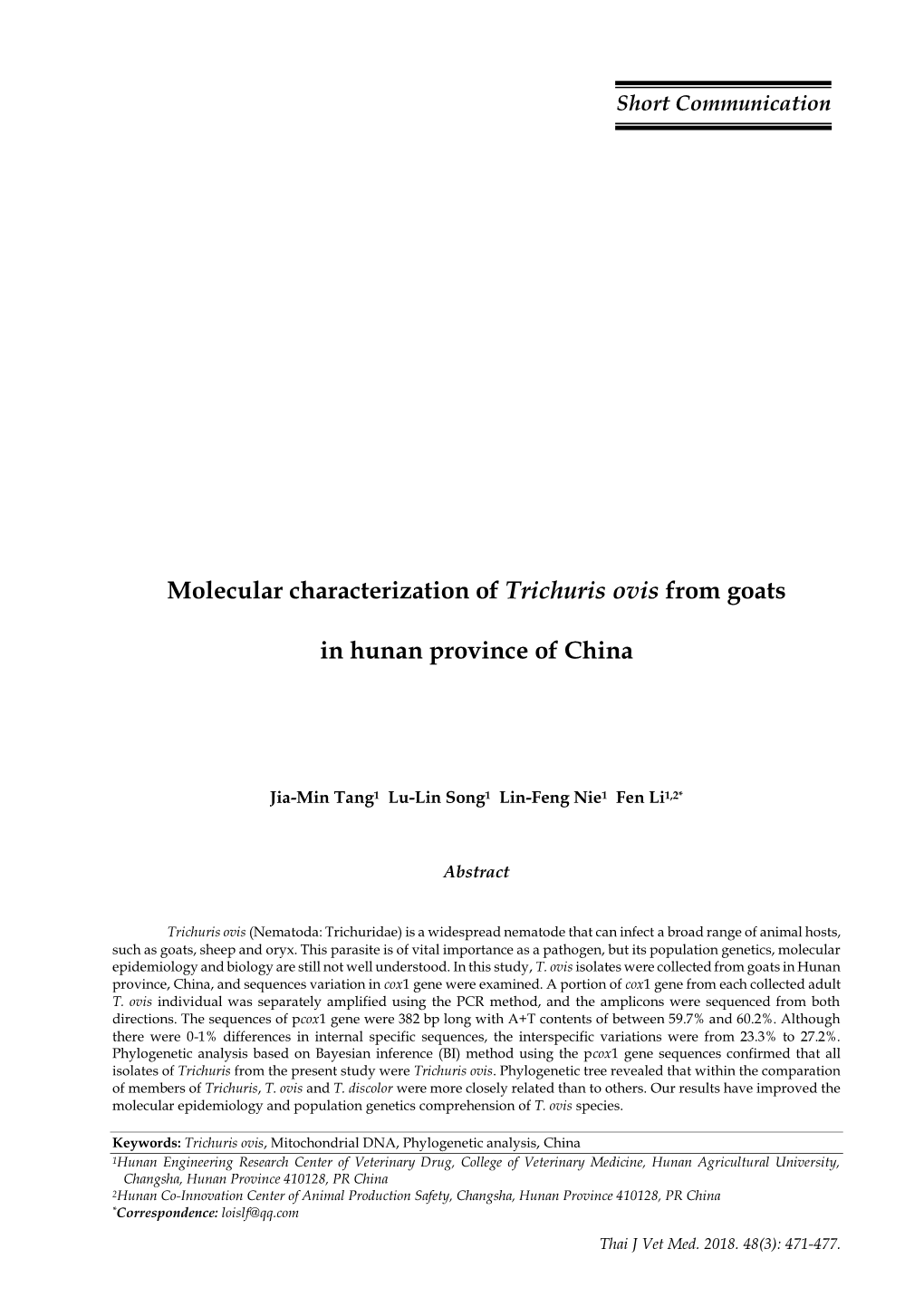 Molecular Characterization of Trichuris Ovis from Goats in Hunan Province