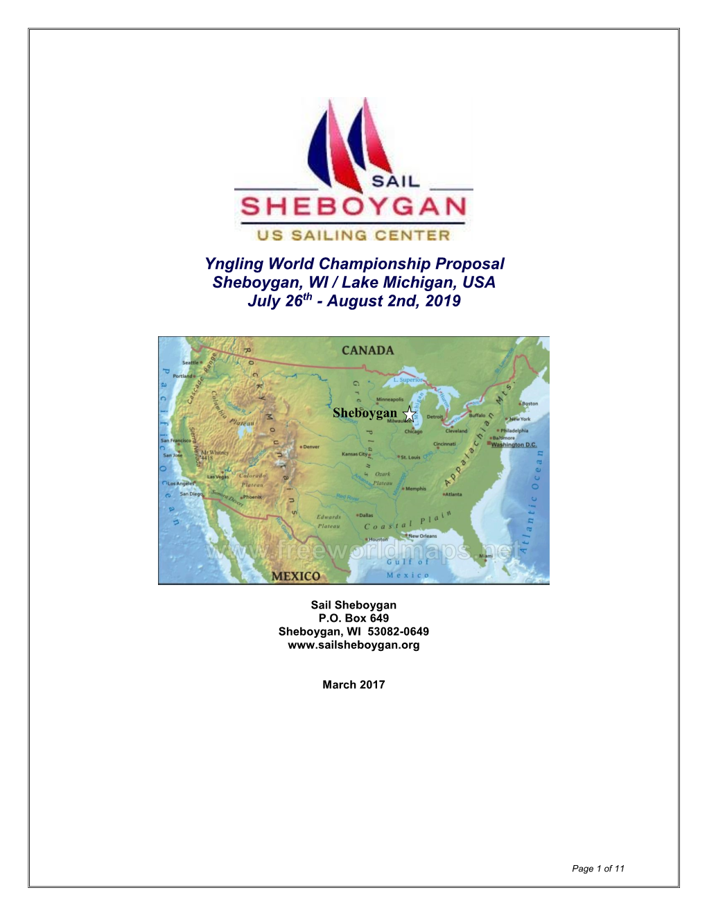 Yngling World Championship Proposal Sheboygan, WI / Lake Michigan, USA July 26Th - August 2Nd, 2019