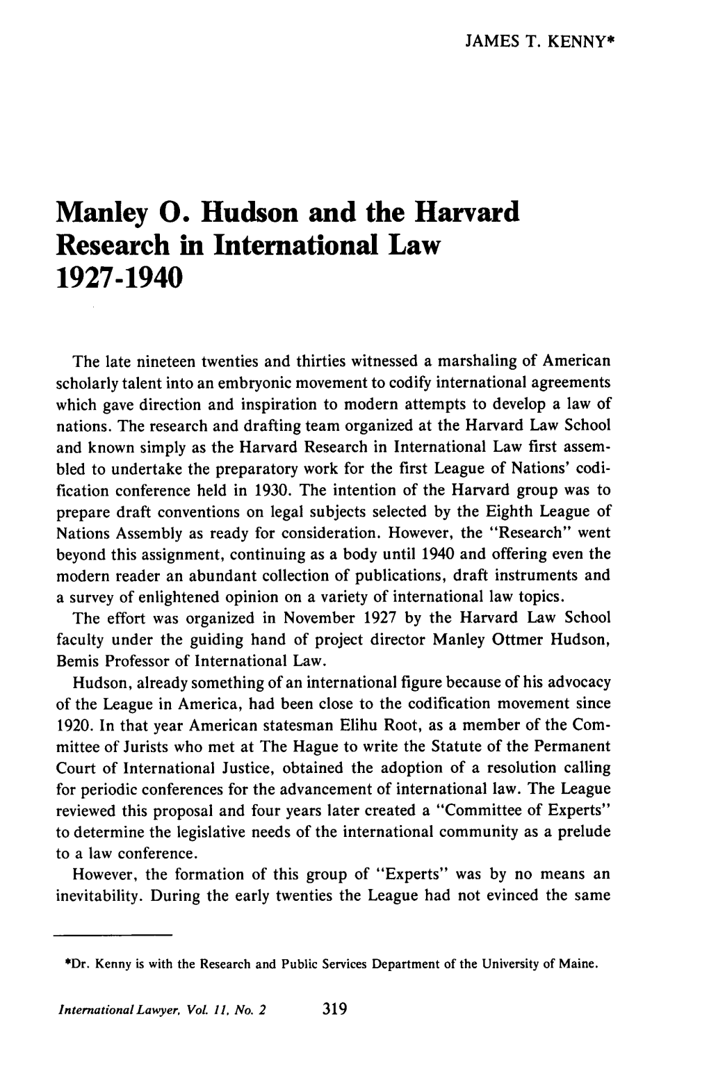 Manley O. Hudson and the Harvard Research In
