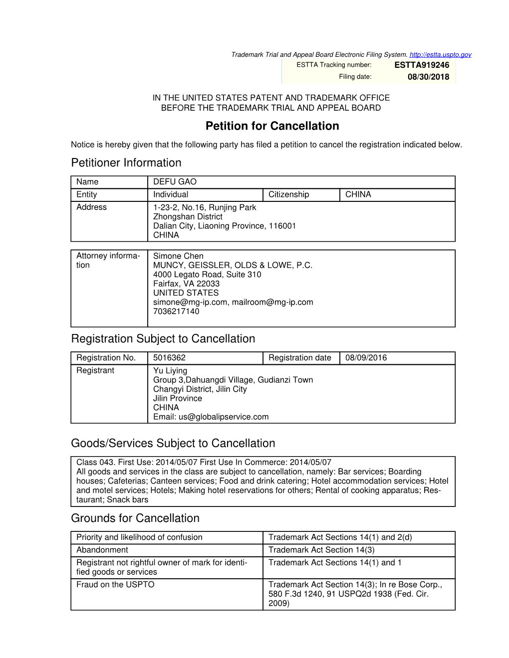 Petition for Cancellation Petitioner Information Registration Subject To