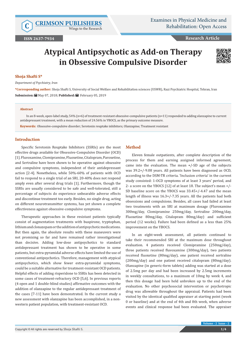 Atypical Antipsychotic As Add-On Therapy in Obsessive Compulsive Disorder