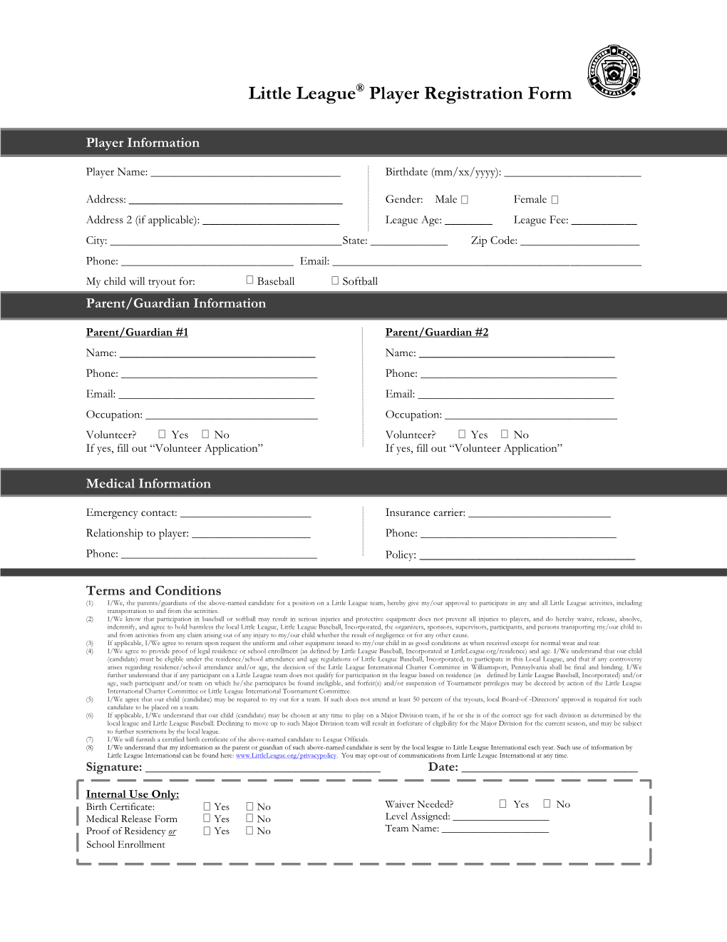 Little League® Player Registration Form