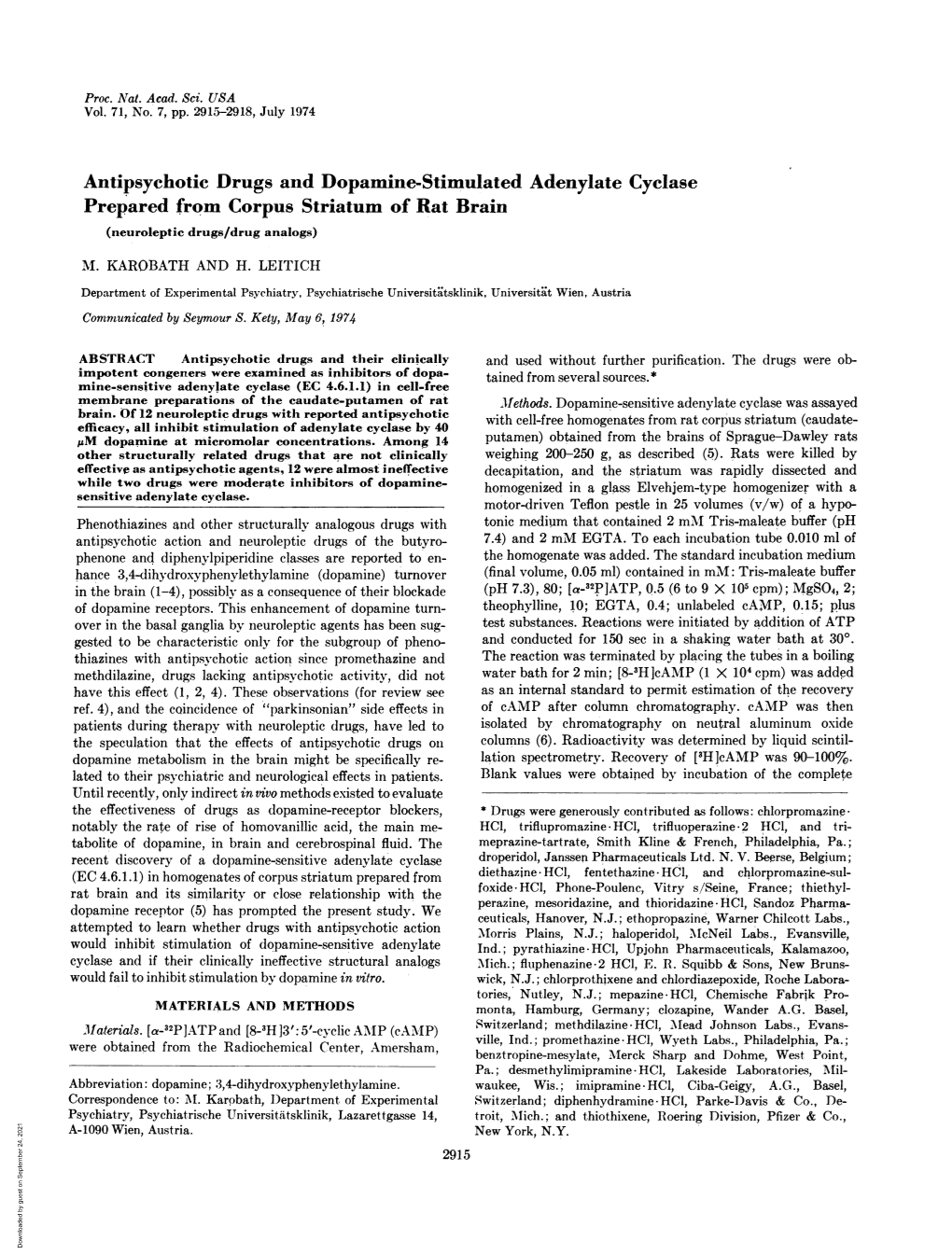 Antipsychotic Drugs and Dopamine-Stimulated Adenylate Cyclase Prepared from Corpus Striatum of Rat Brain (Neuroleptic Drugs/Drug Analogs) AM