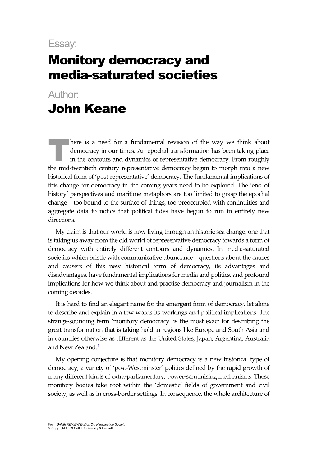 Monitory Democracy and Media-Saturated Societies