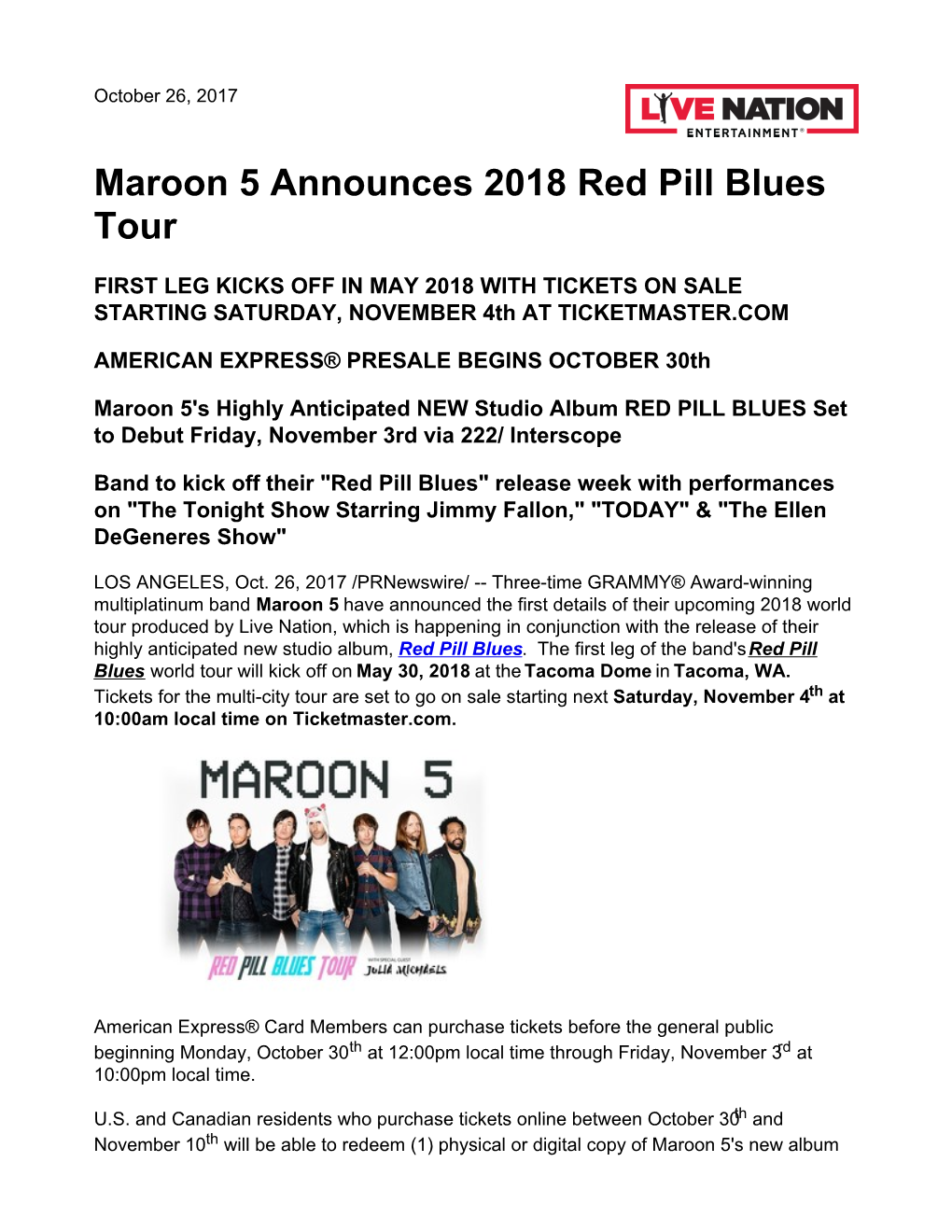 Maroon 5 Announces 2018 Red Pill Blues Tour