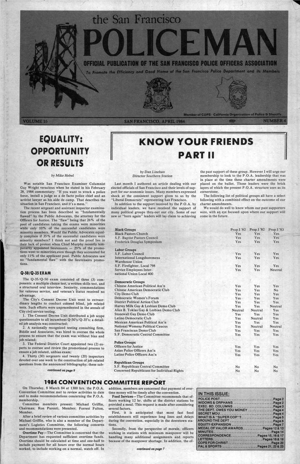 APRIL 1984 NUMBER 4 EQUALITY: KNOW YOUR FRIENDS OPPORTUNITY PART II OR RESULTS by Dan Linehan the Past Support of These Group