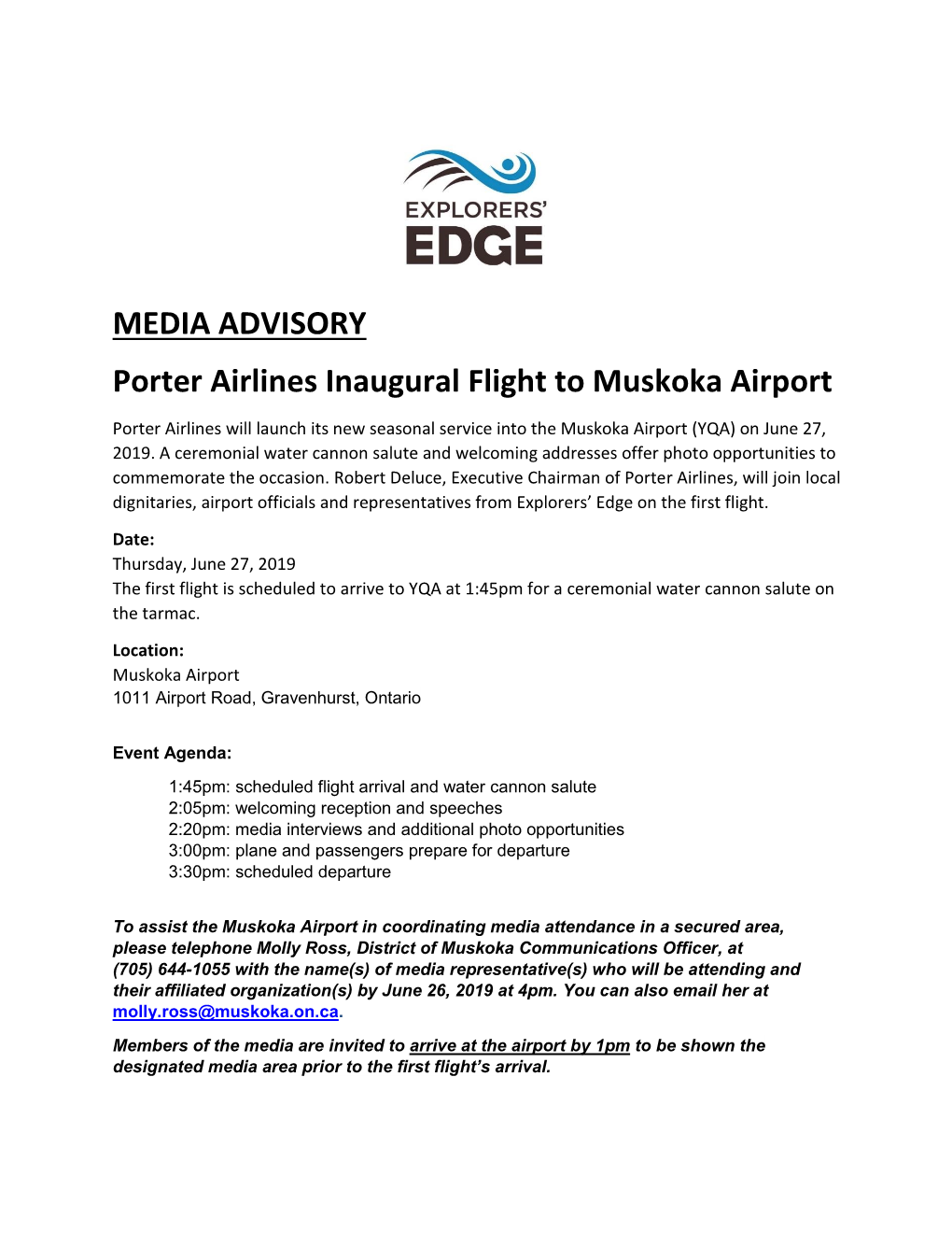 MEDIA ADVISORY Porter Airlines Inaugural Flight to Muskoka Airport