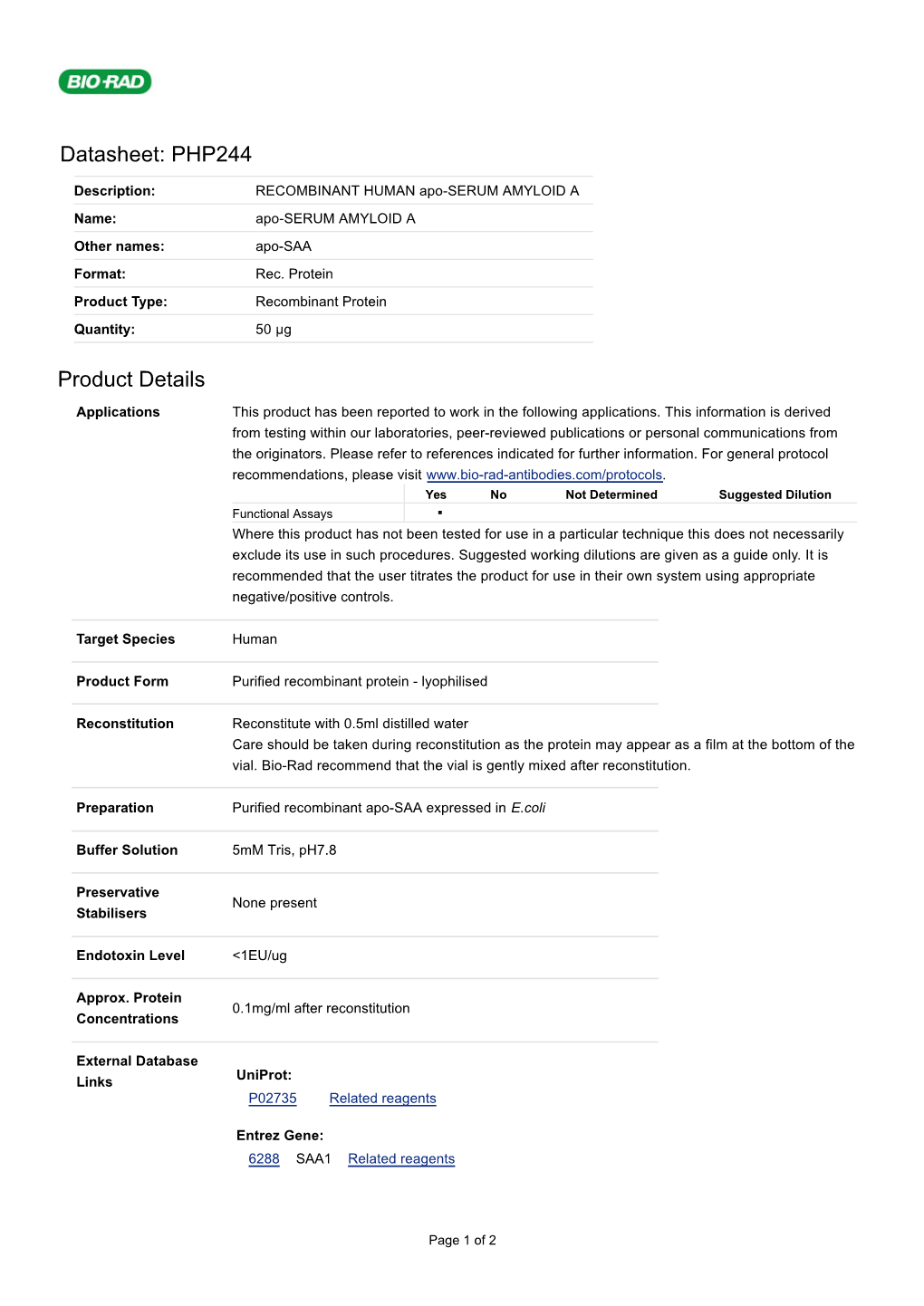 Datasheet: PHP244 Product Details