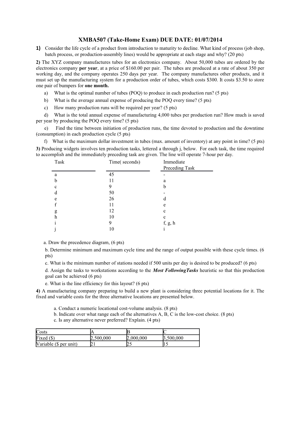 XMBA507 (Take-Home Exam) DUE DATE: 01/07/2014