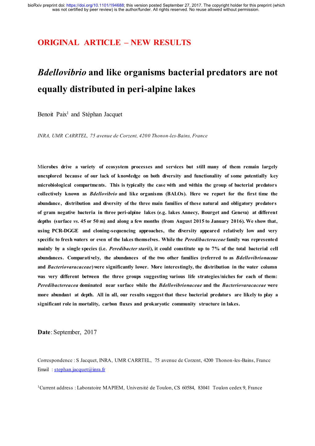 Bdellovibrio and Like Organisms Bacterial Predators Are Not Equally Distributed in Peri-Alpine Lakes