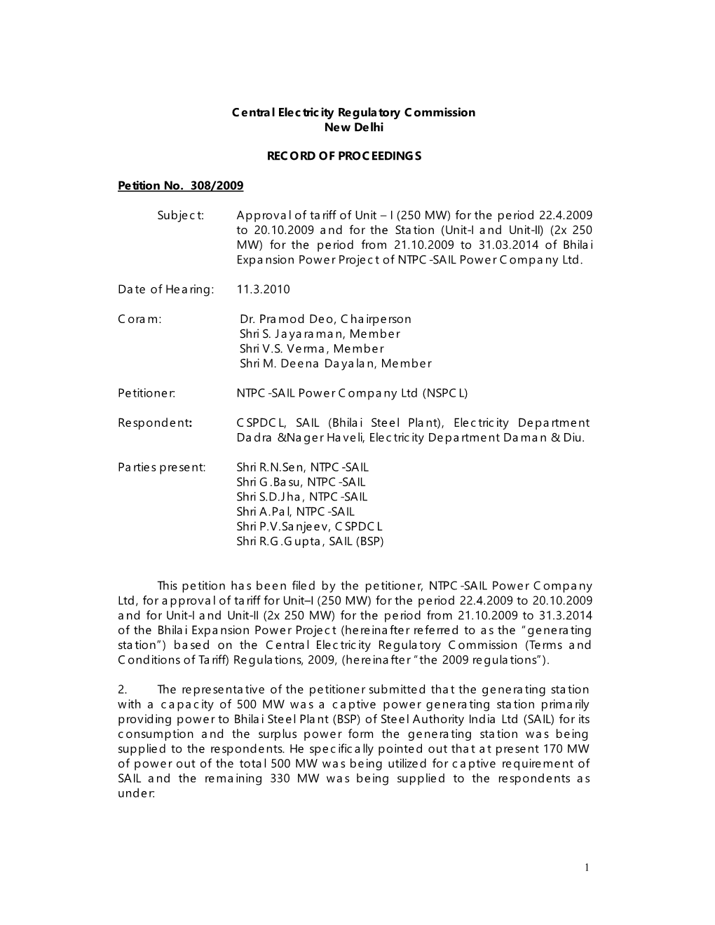 Central Electricity Regulatory Commission New Delhi RECORD