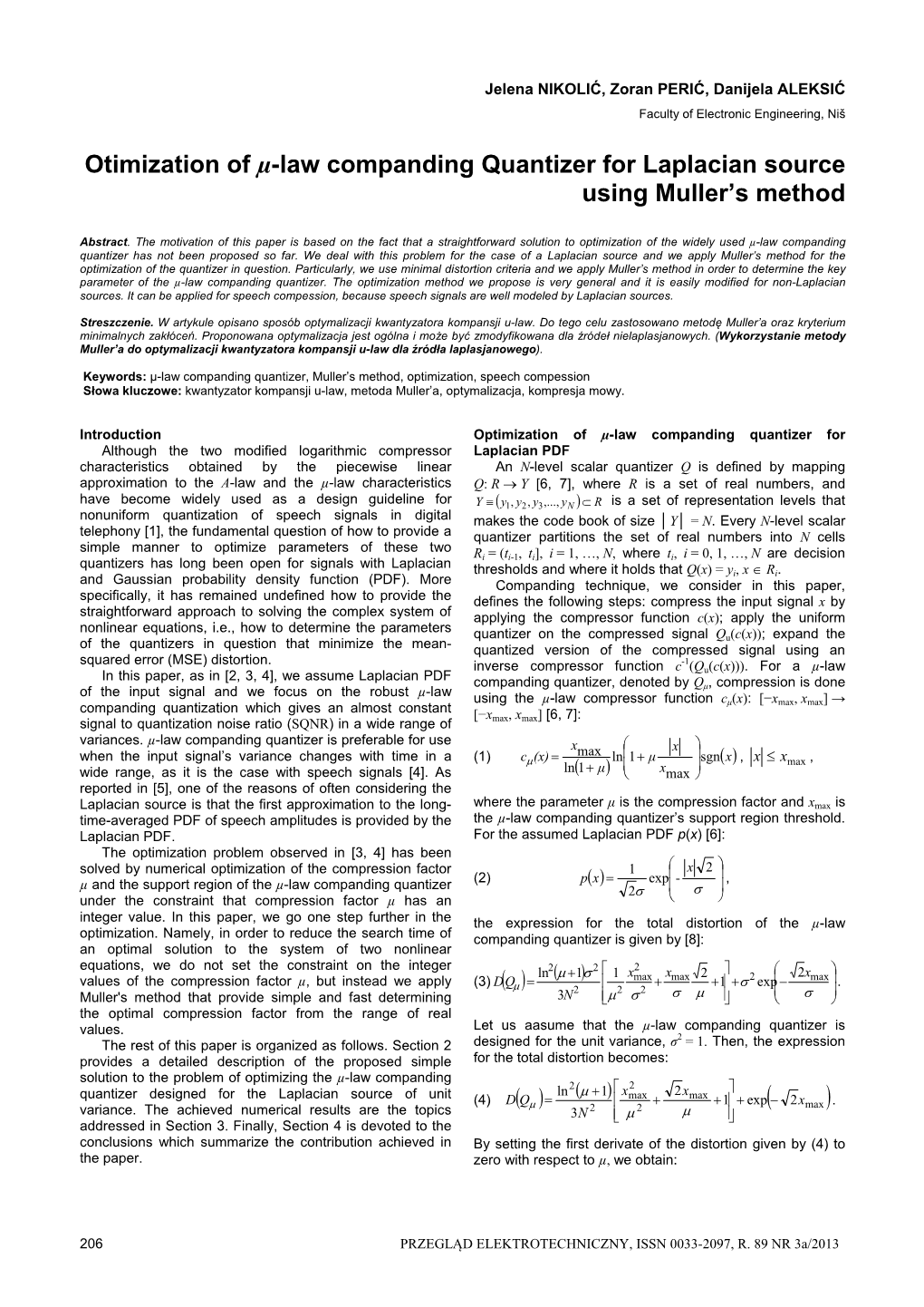 Otimization of Μ-Law Companding Quantizer for Laplacian Source Using Muller’S Method