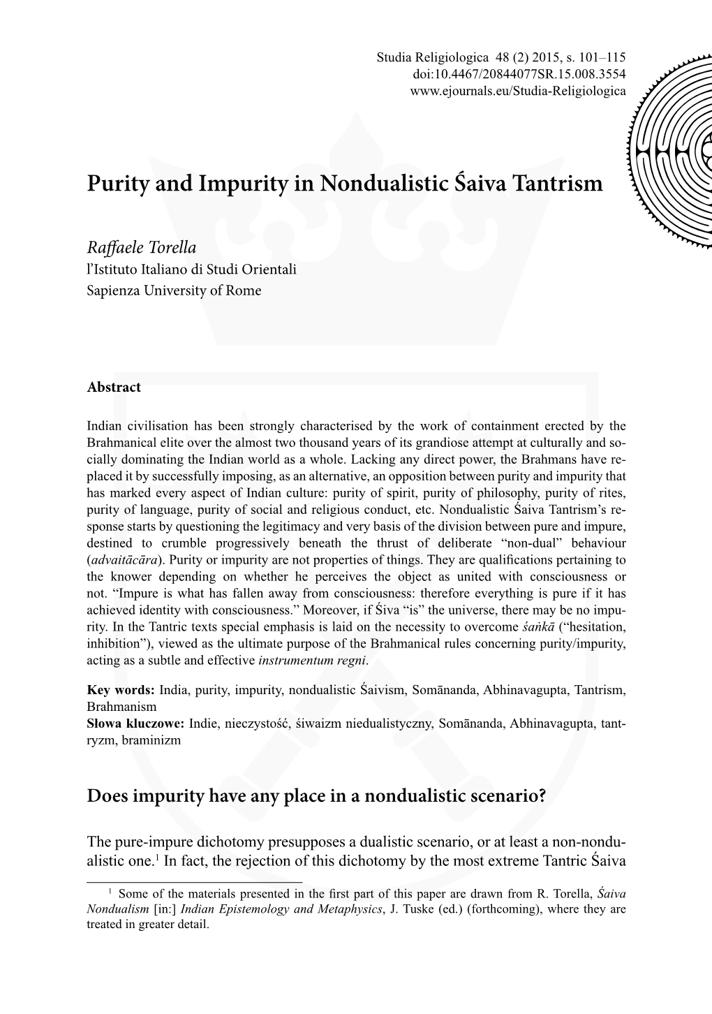 Purity and Impurity in Nondualistic Śaiva Tantrism