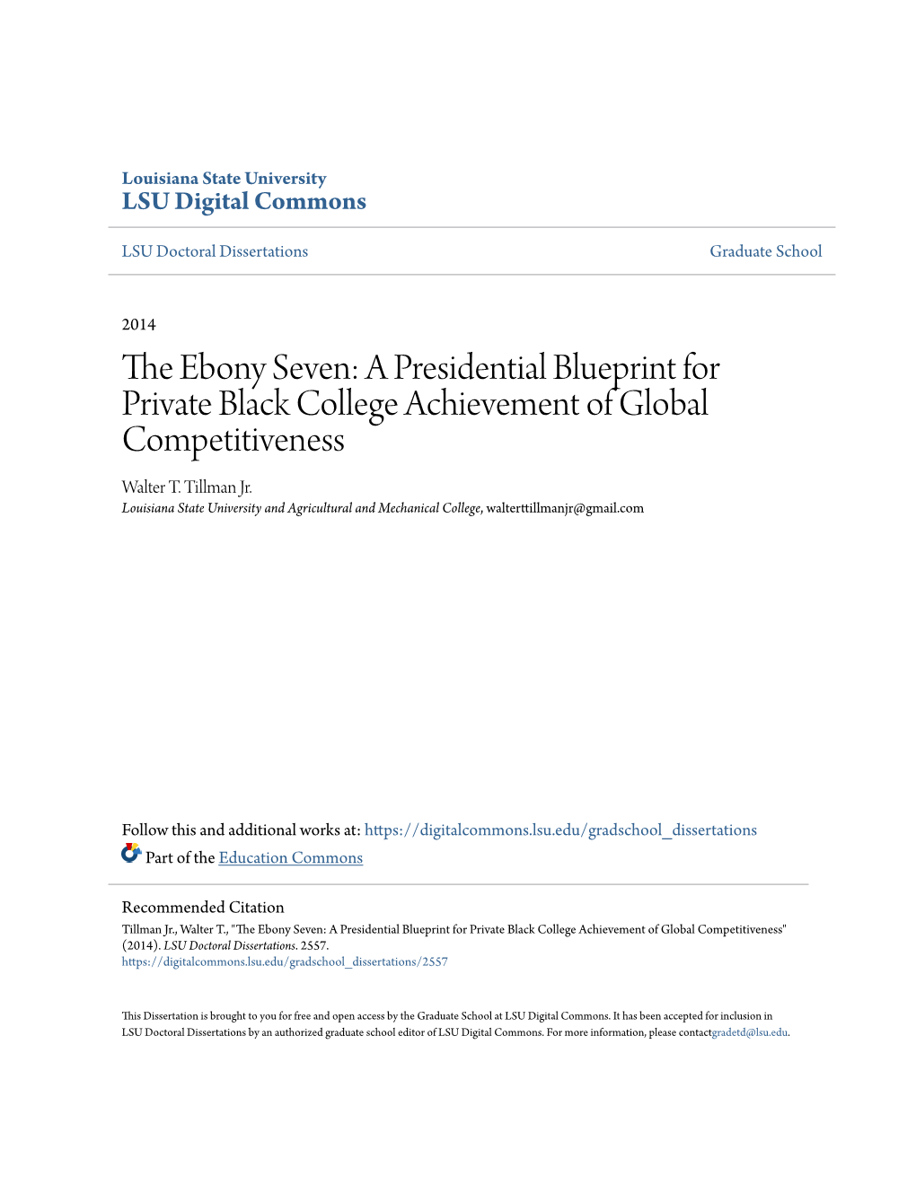 The Ebony Seven: a Presidential Blueprint for Private Black College Achievement of Global Competitiveness