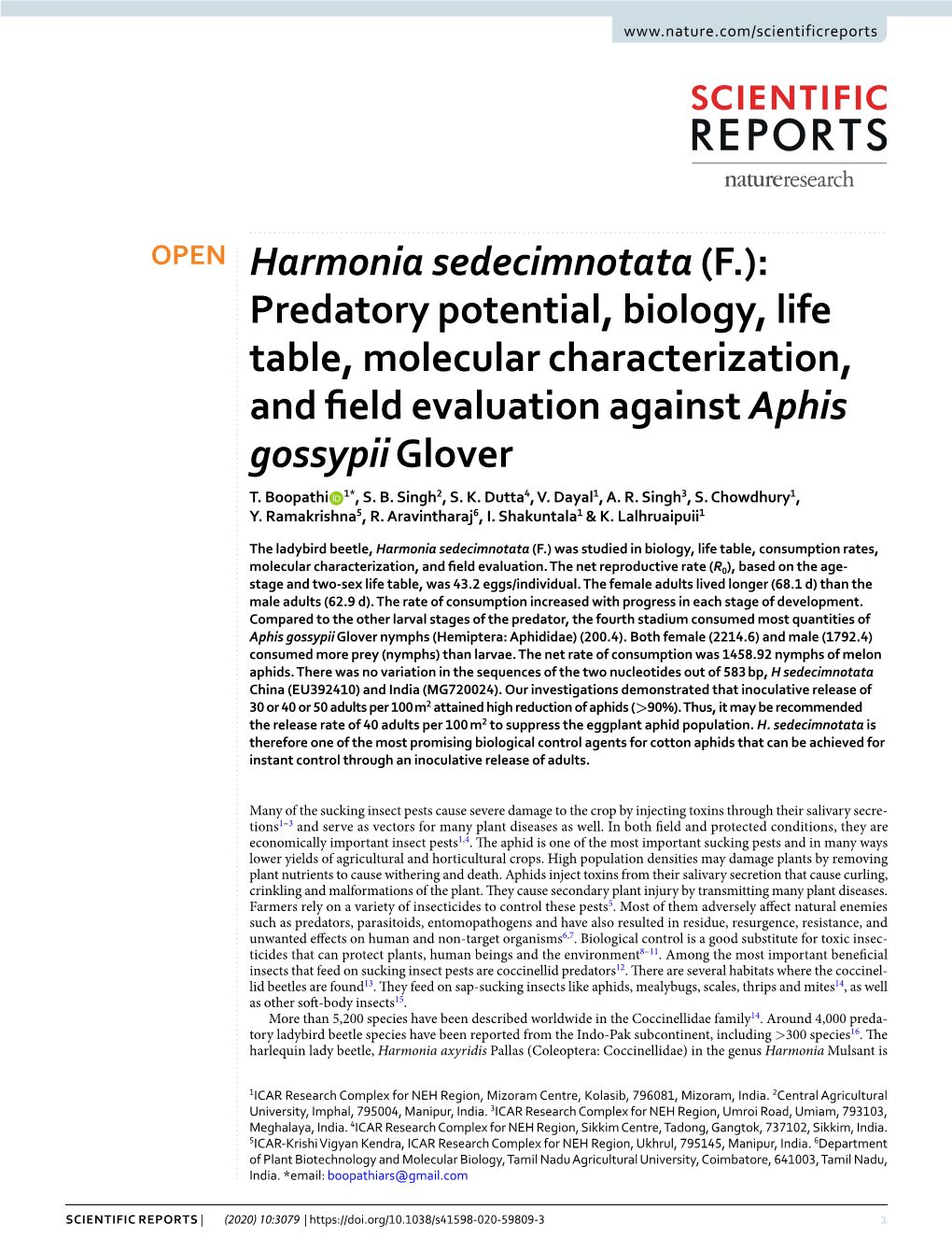 Predatory Potential, Biology, Life Table, Molecular Characterization, and Feld Evaluation Against Aphis Gossypii Glover T