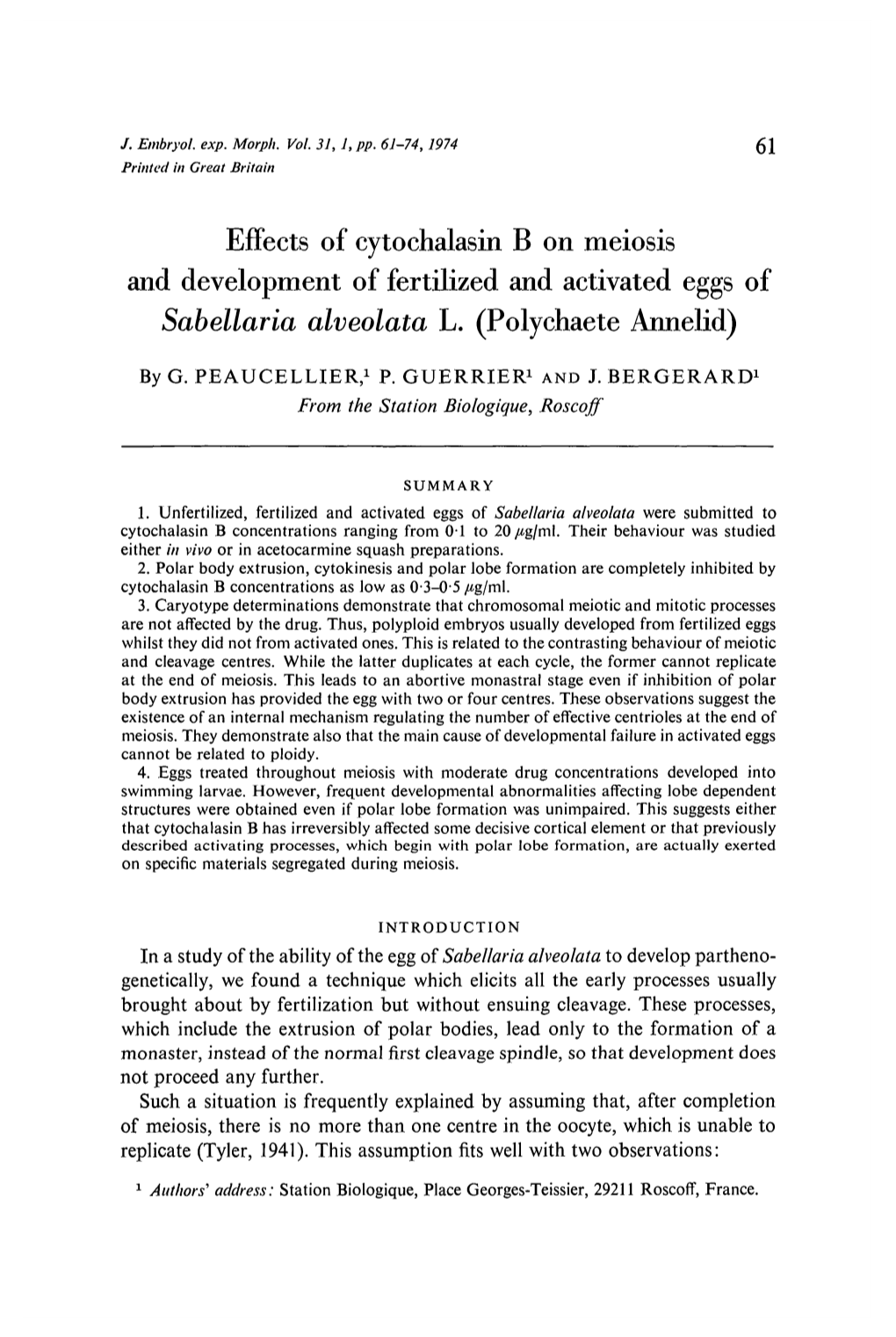 Effects of Cytochalasin B on Meiosis and Development of Fertilized and Activated Eggs of Sabellaria Alveolata L