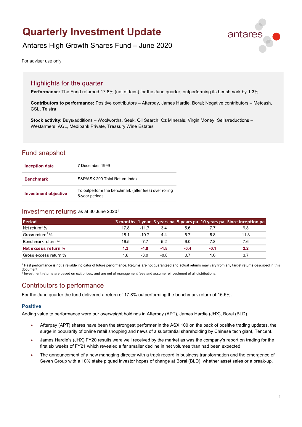 Quarterly Investment Update Antares High Growth Shares Fund – June 2020