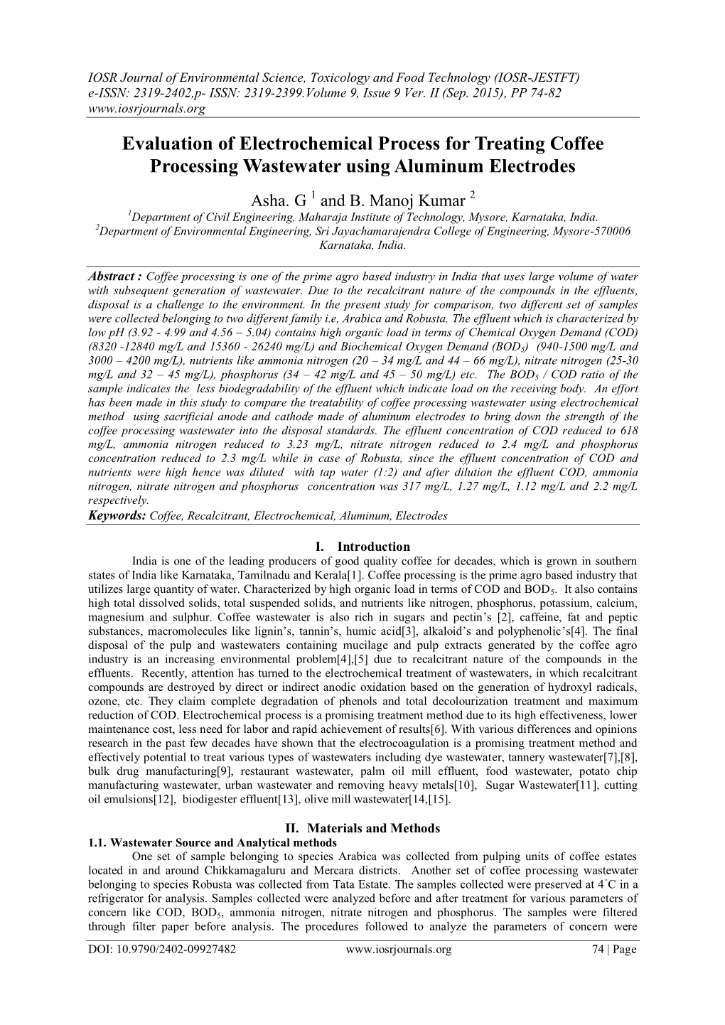 Evaluation of Electrochemical Process for Treating Coffee Processing Wastewater Using Aluminum Electrodes