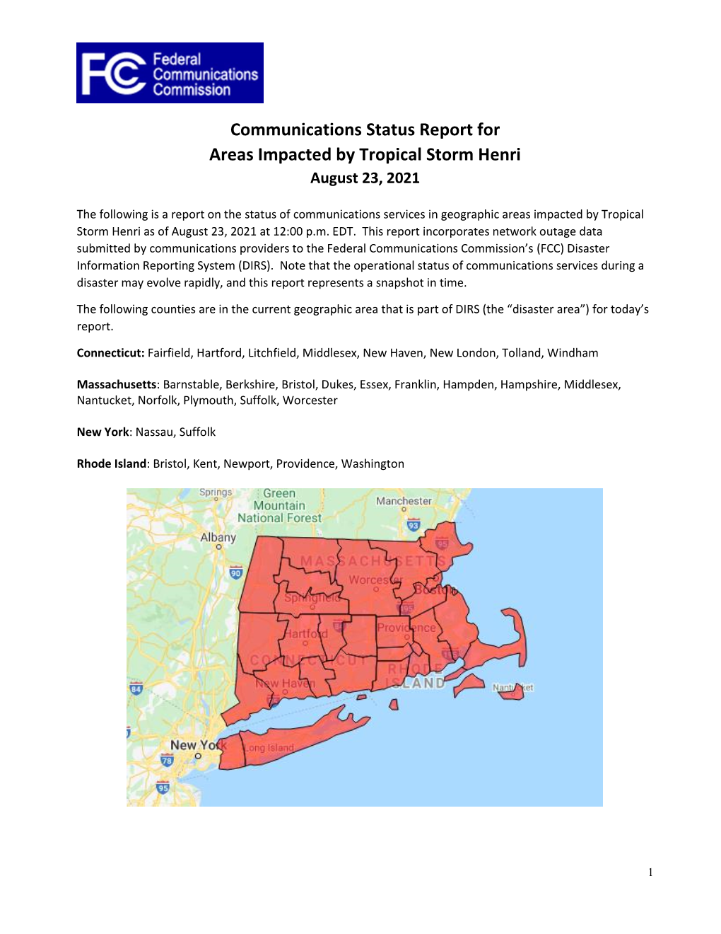 Communications Status Report for Areas Impacted by Tropical Storm Henri August 23, 2021