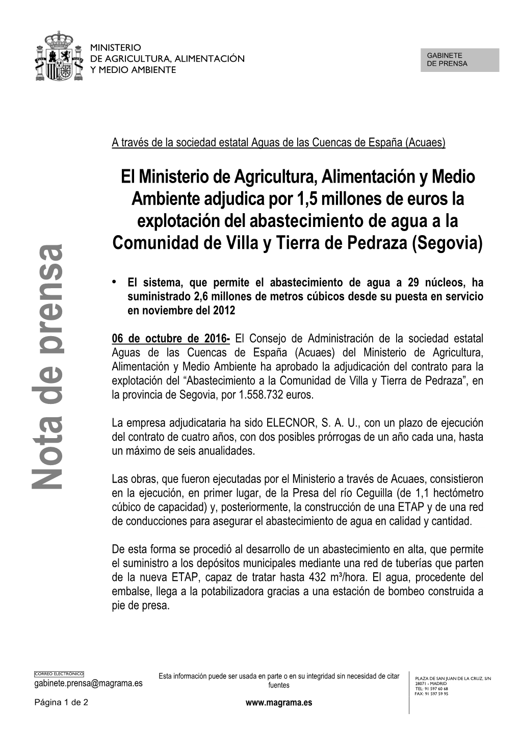 16.10.06 Adjudicación Explotación Abastecimiento Pedraza, Segovia