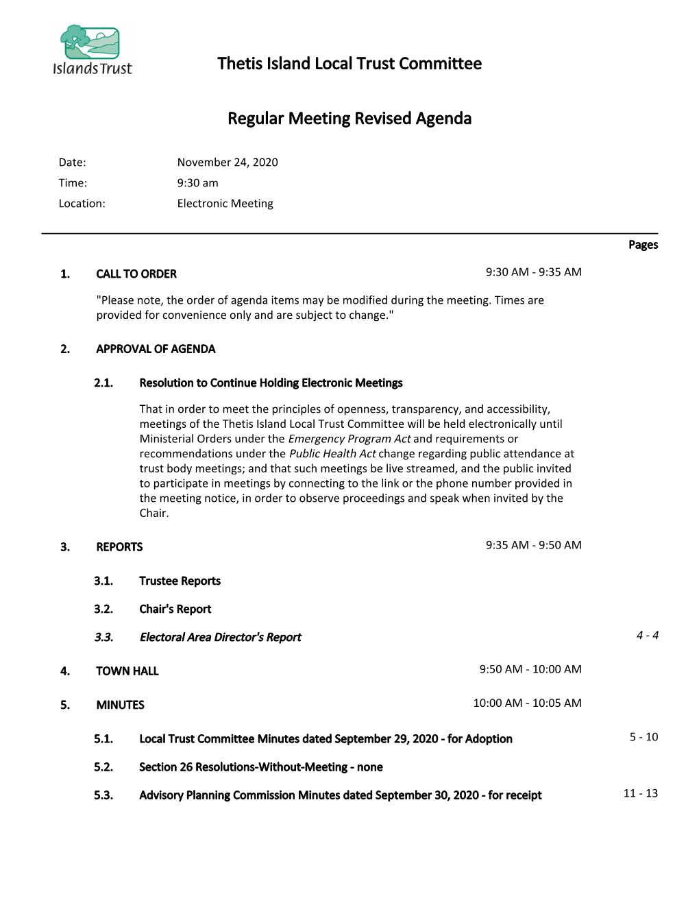 Thetis Island Local Trust Committee Regular Meeting Revised Agenda